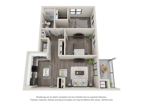 Floor plan for 2 beds, 1 bath, 870 sqft